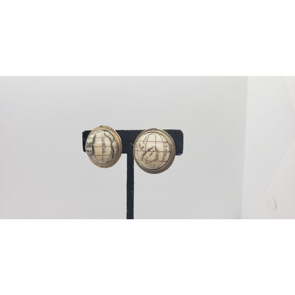 Vintage Earrings Clip 60s World Globe Travel Earth Souvenir Signed Marvella - Picture 2 of 10